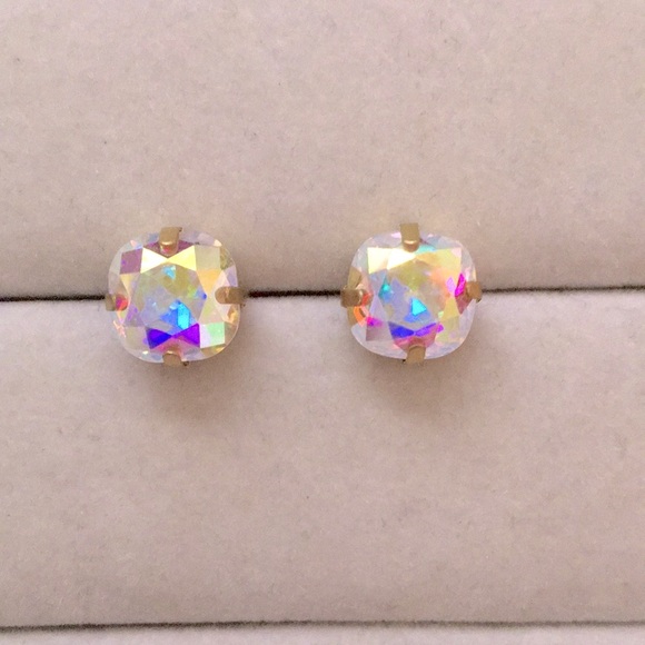 Aurora Borealis + Brass Cushion Cut Crystal Earrings - Picture 8 of 9